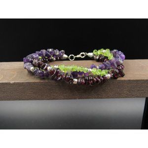 8" Sterling Silver Three String Amethyst Peridot Garnet Bracelet Vintage Wedding